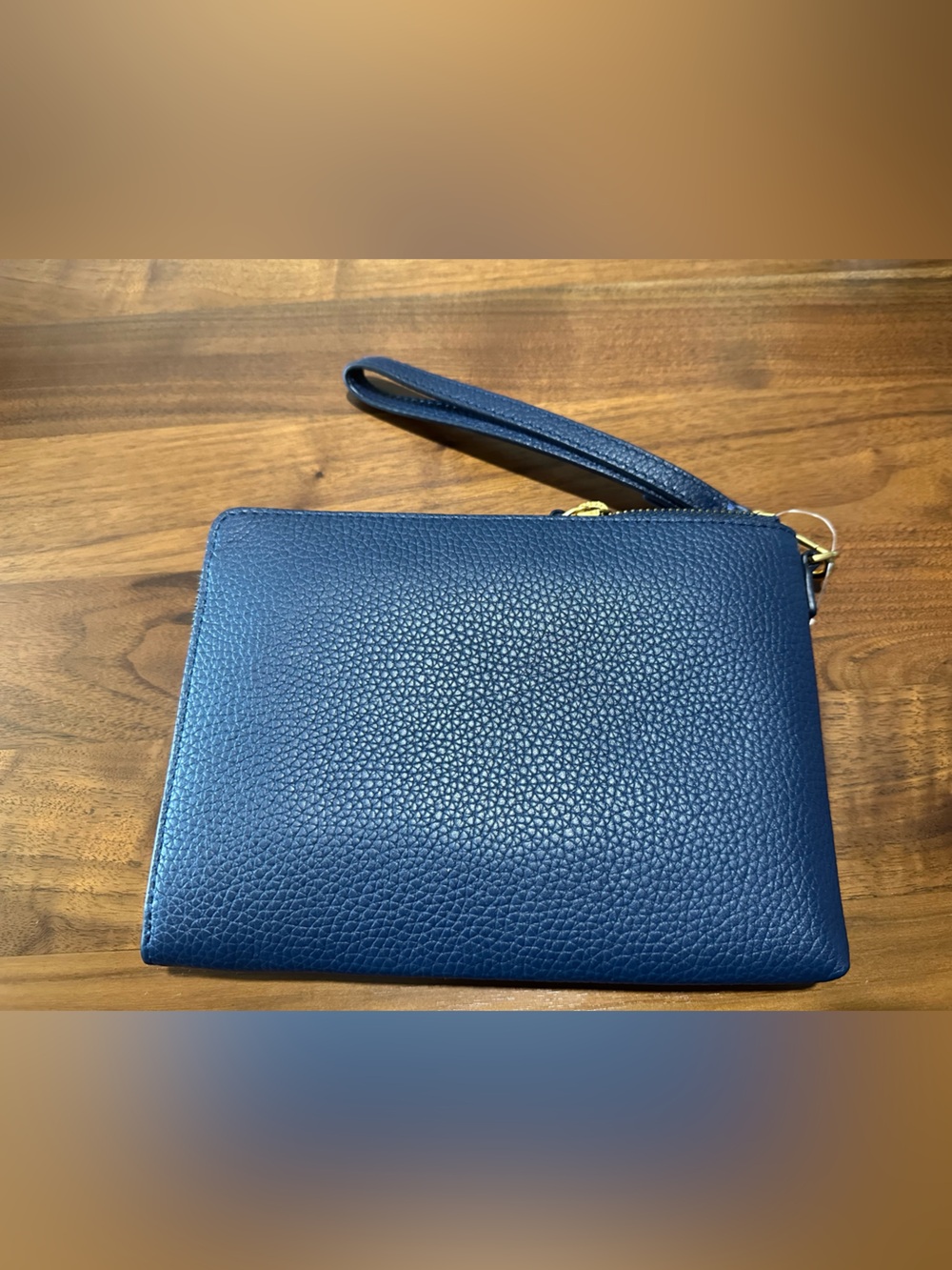 Tory Burch Navy Pebbled Leather Wristlet with Gold Logo Accent - Picture 2 of 3